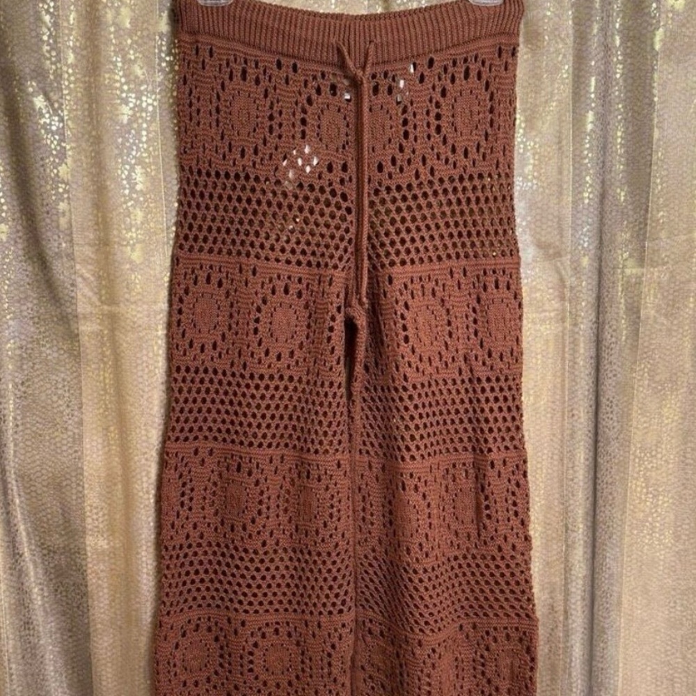 Aerie Horizon Brown Crochet Knit Wide Leg Beach Casual Pants Med NWT